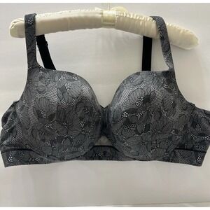 Lane Bryant Cacique Bra 46C Gray Floral Lace 3 Hook Balconette